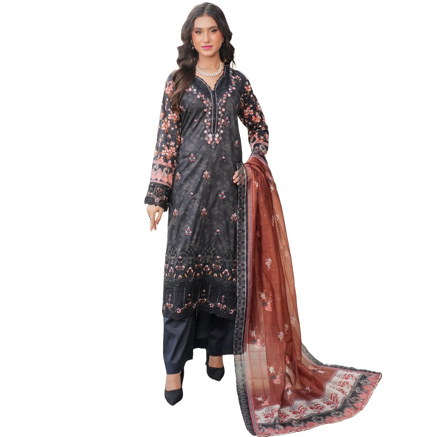 Womens Pakistani Ready to Wear Suit Embroidered Shirt Sleeves Printed Lawn Cotton Trouser Dupatta - C5D6