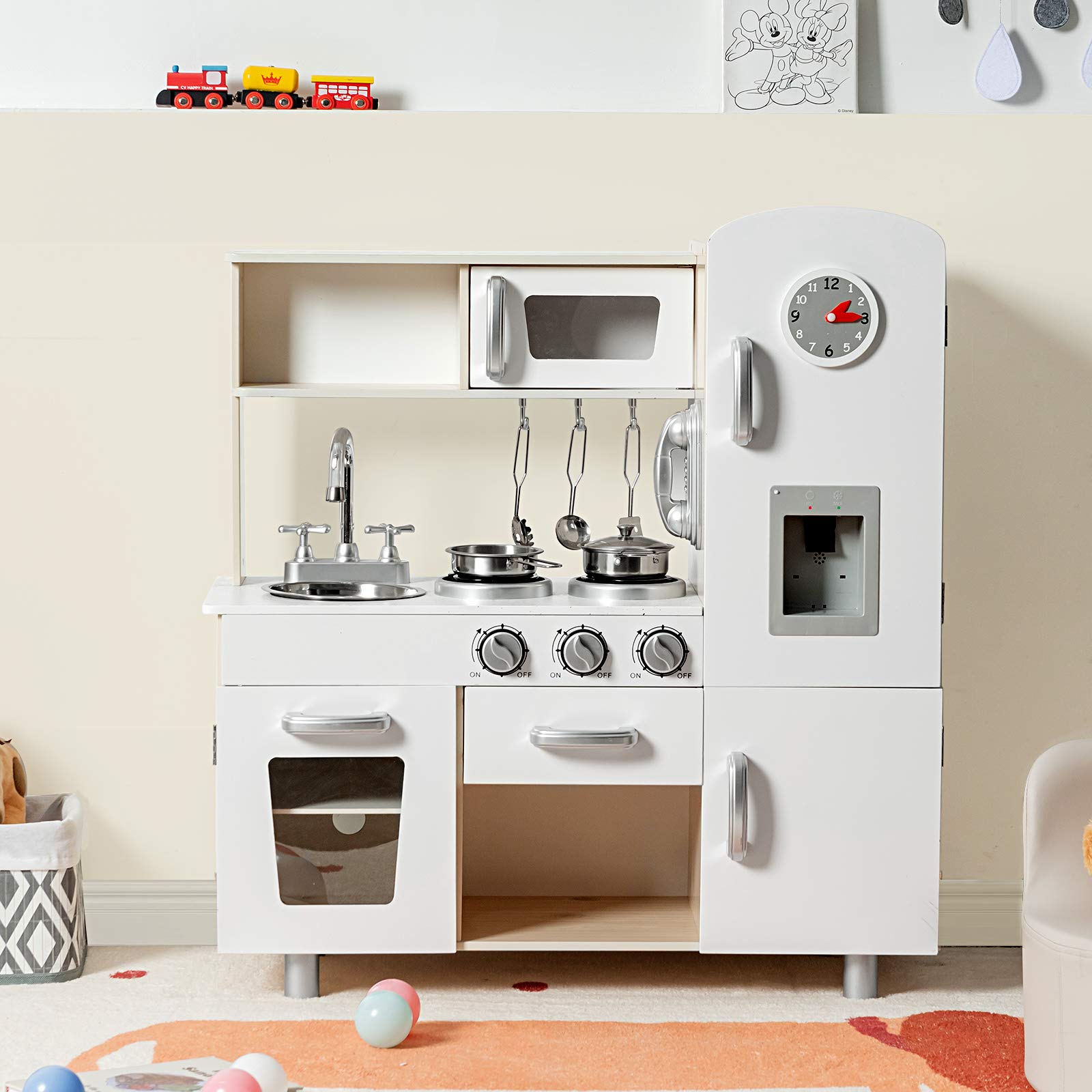 COSTWAY Kinderküche mit Zubehör, Spielküche mit Licht & Sound, Holzküche inkl. Telefon Herd Kühlschrank Mikrowelle, Kinder Küche mit Abnehmbarer Spüle, Spielzeugküche für Kinder ab 3 Jahren
