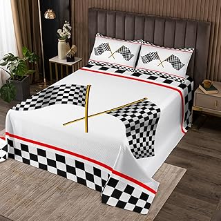 Racing Car Checkered Flag Coverlet Set Chic Kart Racing Speed Sport Quilted Coverlet Black White Red Comforter Set Bedspreads Quilt Set for Children Kids Coverlet Set,Twin Size 2 Pcs