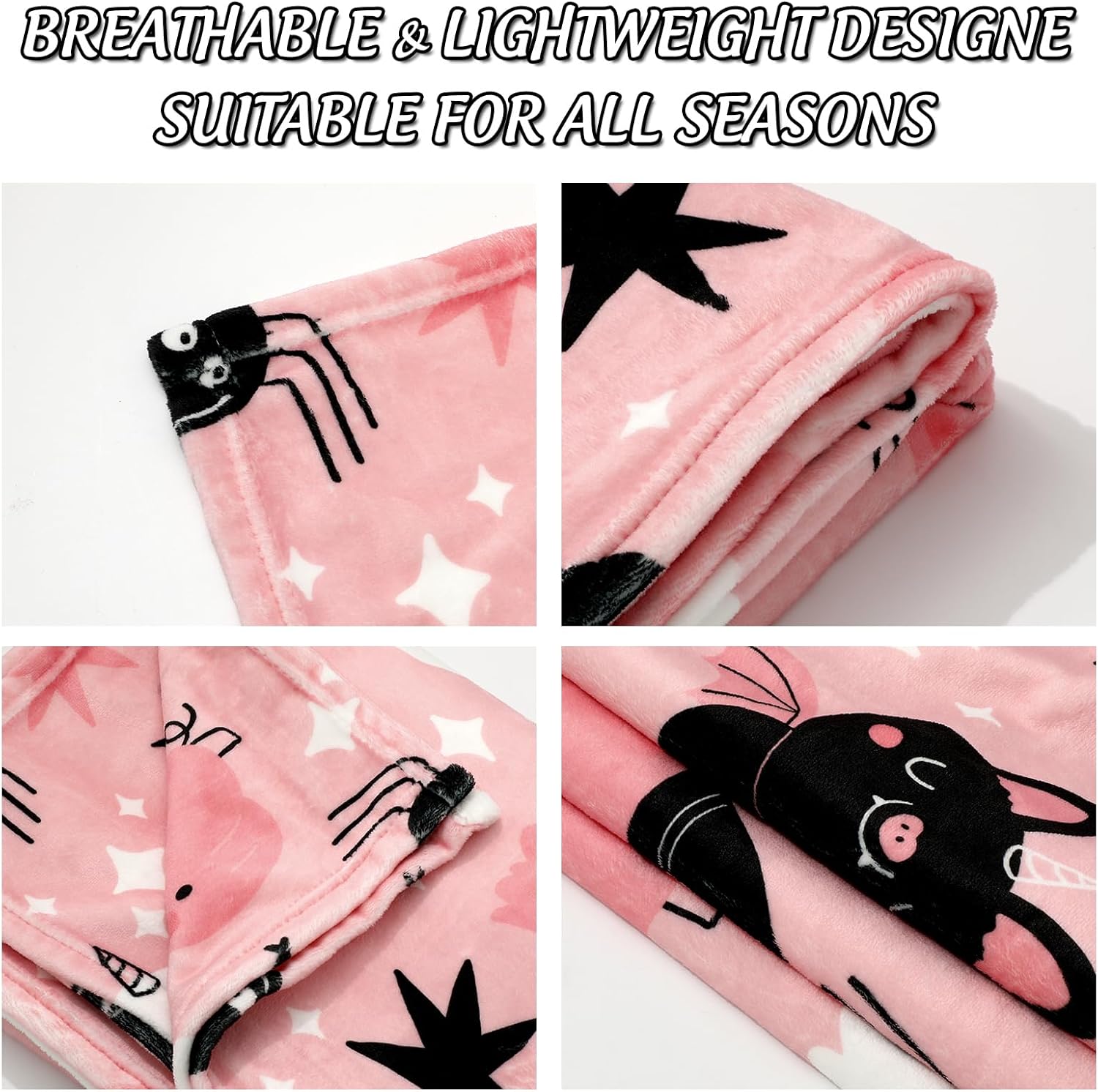 JarThenaAMCS Halloween Fuzzy Blanket Pink Cute Pumpkin Ghost Bat Throw Blanket Halloween Cartoon Soft Cozy Flannel Blanket for Home Party Bed Sofa Couch, 50 x 60 Inch