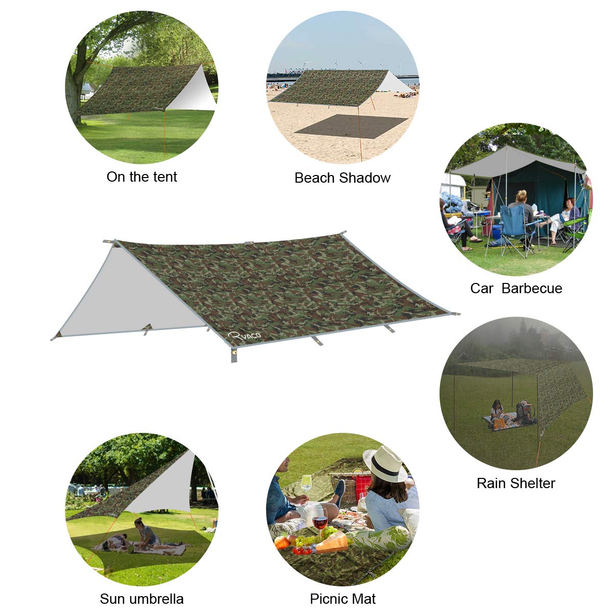 RYACO plandeka przeciwdeszczowa, 3 m x 4 m, kamping, plandeka, deszcz tarp, wodoodporna, przenośna, składana, schronienie, turystyka, duży, z zamkami i kieszenią na wodę na Picnic