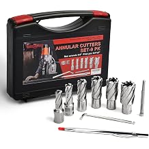 ANGELSWORD HSS Annular Cutter Set 9 Pcs, High Speed Steel, Cutting Depth 1" Cutting Diameter 1/2" to 1-1/16", Mag Drill Bits Kit for Magnetic Drill Press