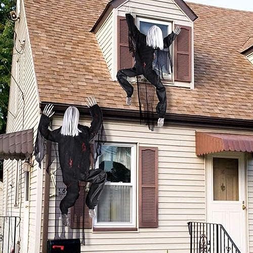 Miniatura 3 de Decoración de Halloween de zombi animado, 63 pulgadas, esqueleto de tamaño real con pelo espeluznante y ropa para Halloween al aire libre, césped,