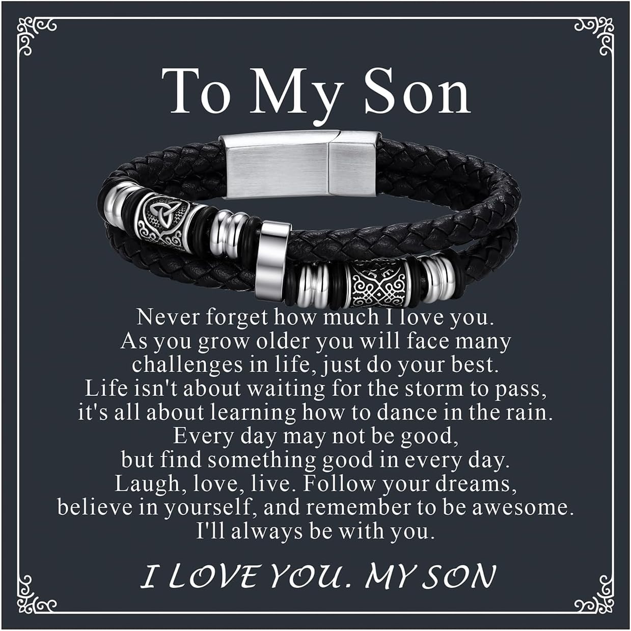 Bestyle Genuine Men Leather Bracelets Fashion Stainless Steel Celtic Beaded Wristband for Men, Size 7.5/8.3/9.1/9.8Inch Men Bracelet, Message Card Offered