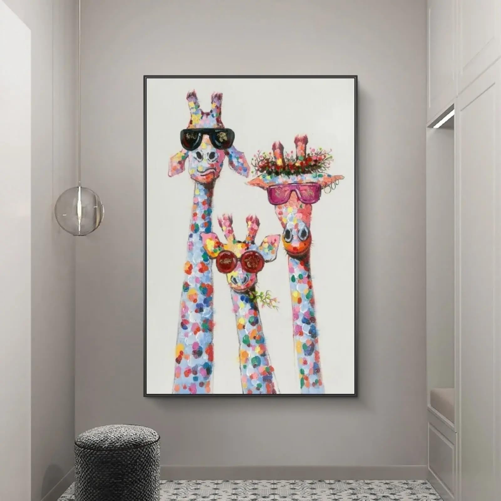 Żyrafa rodzina w okularach płótno artystyczne obrazy obrazy zwierzęta sztuka uliczna plakaty i wydruki do pokoju dziecięcego dekoracja 60 x 80 cm czarna ramka