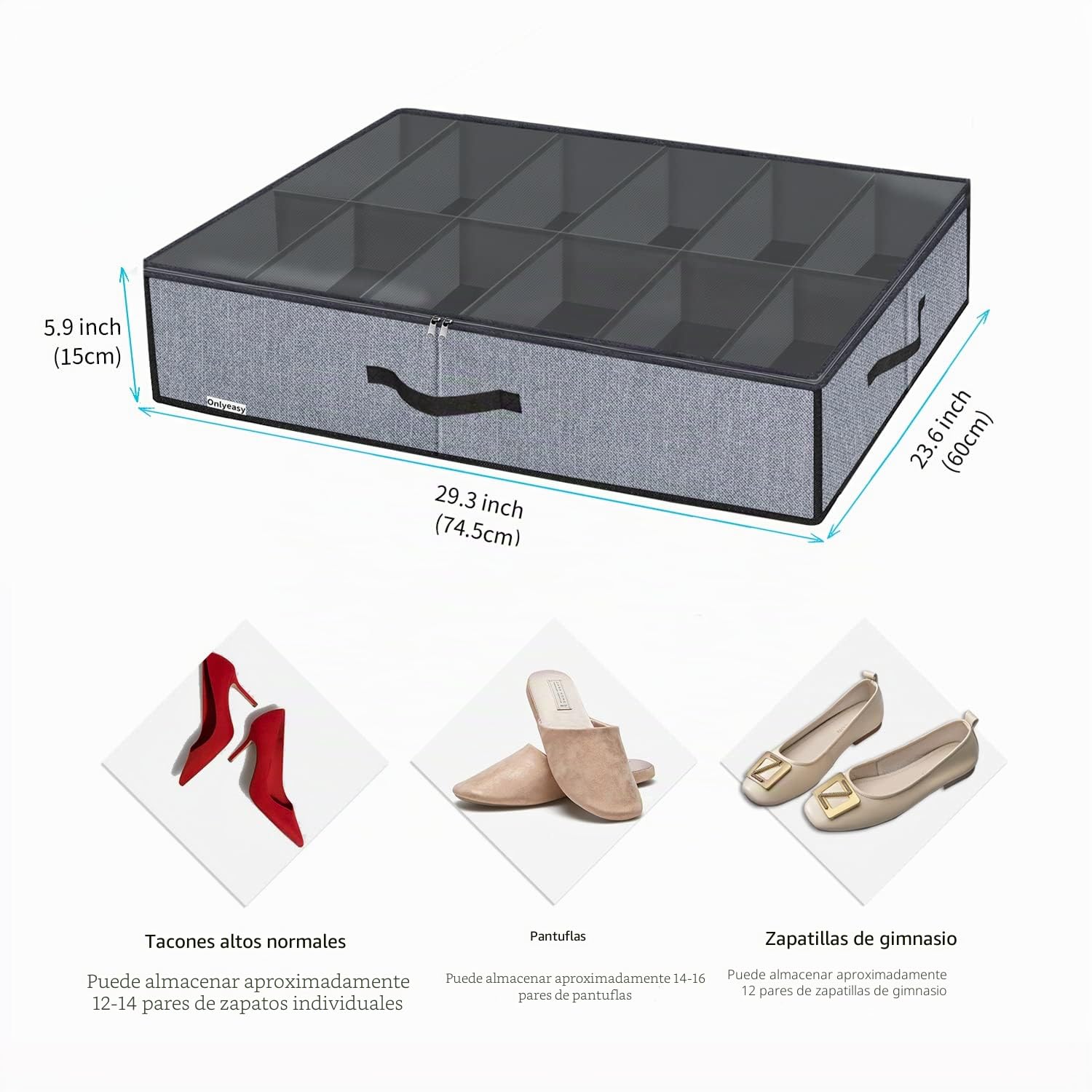 homyfort Juego de 2 bolsas de almacenamiento para zapatos con ventana transparente, organizador de zapatos con 2 compartimentos, caja de almacenamiento para debajo de la cama, lino gris, XDUBSB2P