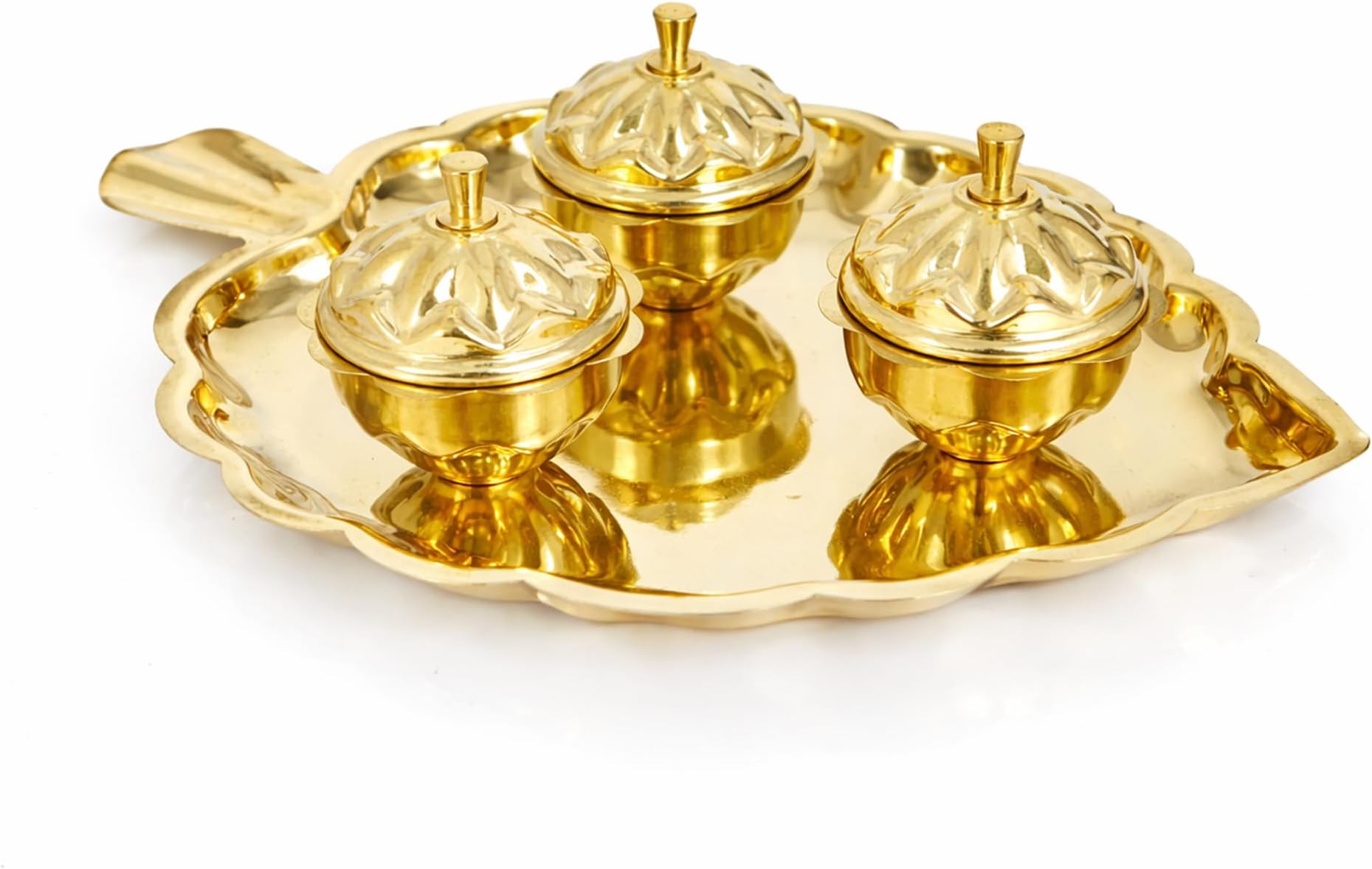 Spillbox Brass 3 Leaf Bowl Pooja Thali | Traditional Handcrafted Thali Holder with Lid for Mandir & Home | Roli, Chawal | Pooja Item Gift for Diwali, Navratri - 3 Leaf Bowl - Small