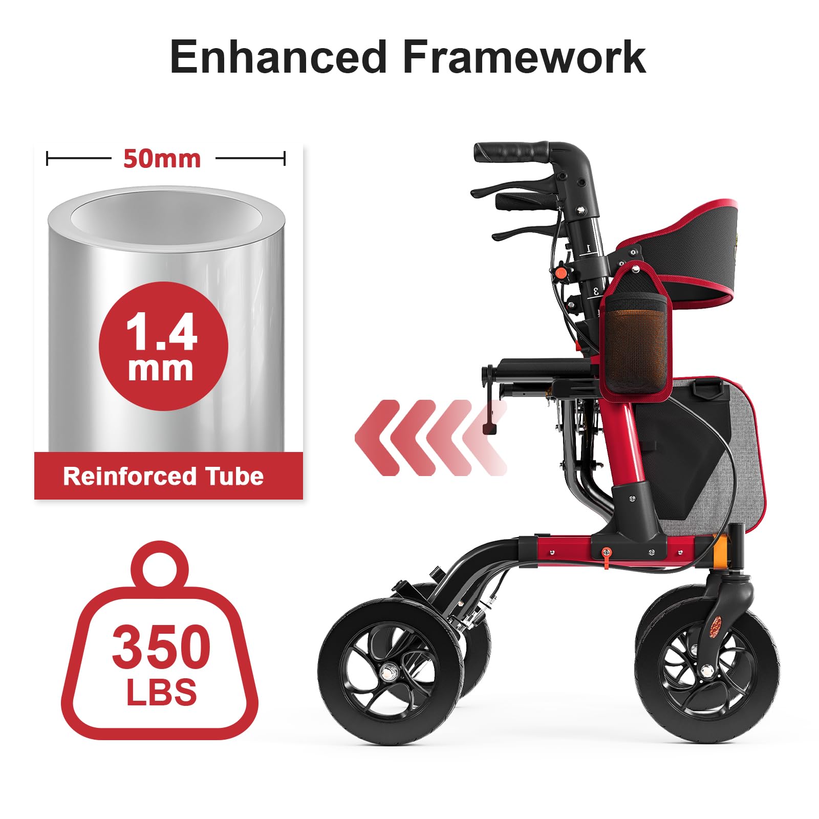 Andador rodante para personas mayores, ligero, plegable, todo terreno con asiento, andadores de aluminio con ruedas de goma de 8 pulgadas, asas y respaldo para personas mayores y adultos (rojo)