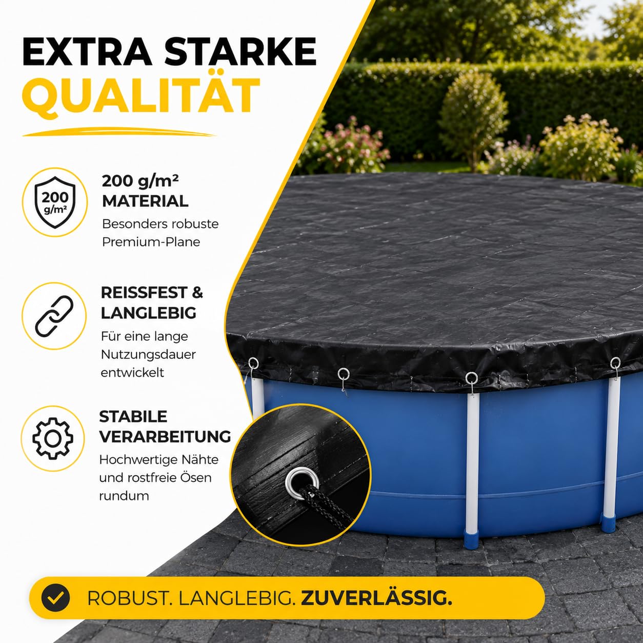 Telone rotondo per piscina in pellicola extra forte di alta qualità da 200 g/m², resistente ai raggi UV, per uso tutto l'anno in estate e in inverno, copertura per piscina nera durevole (550-600 cm