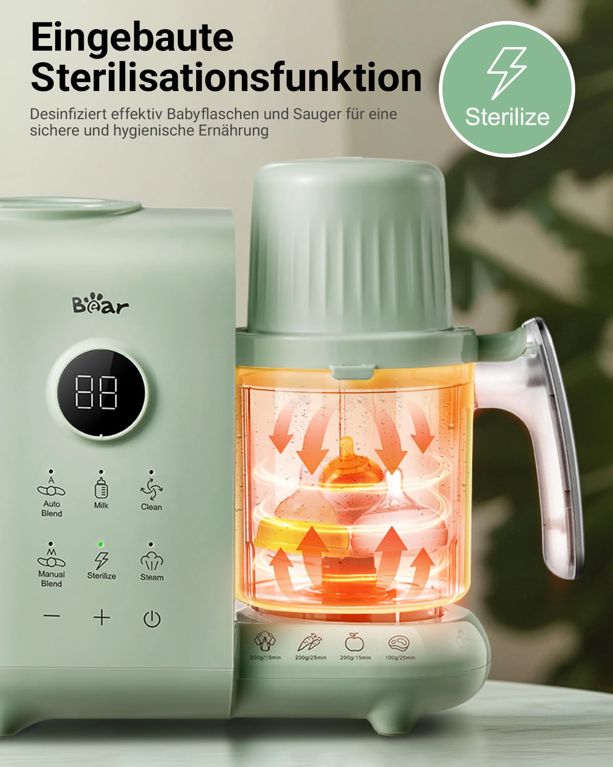 Bear 6-in-1 Dampfgarer mit Mixer Premium Babynahrungszubereiter,Dämpfen, automatisches Rühren, Milcherwärmung, Desinfektion, Selbstreinigungsfunktion, Automatische Reinigungsfunktion, BPA-frei (Grün)