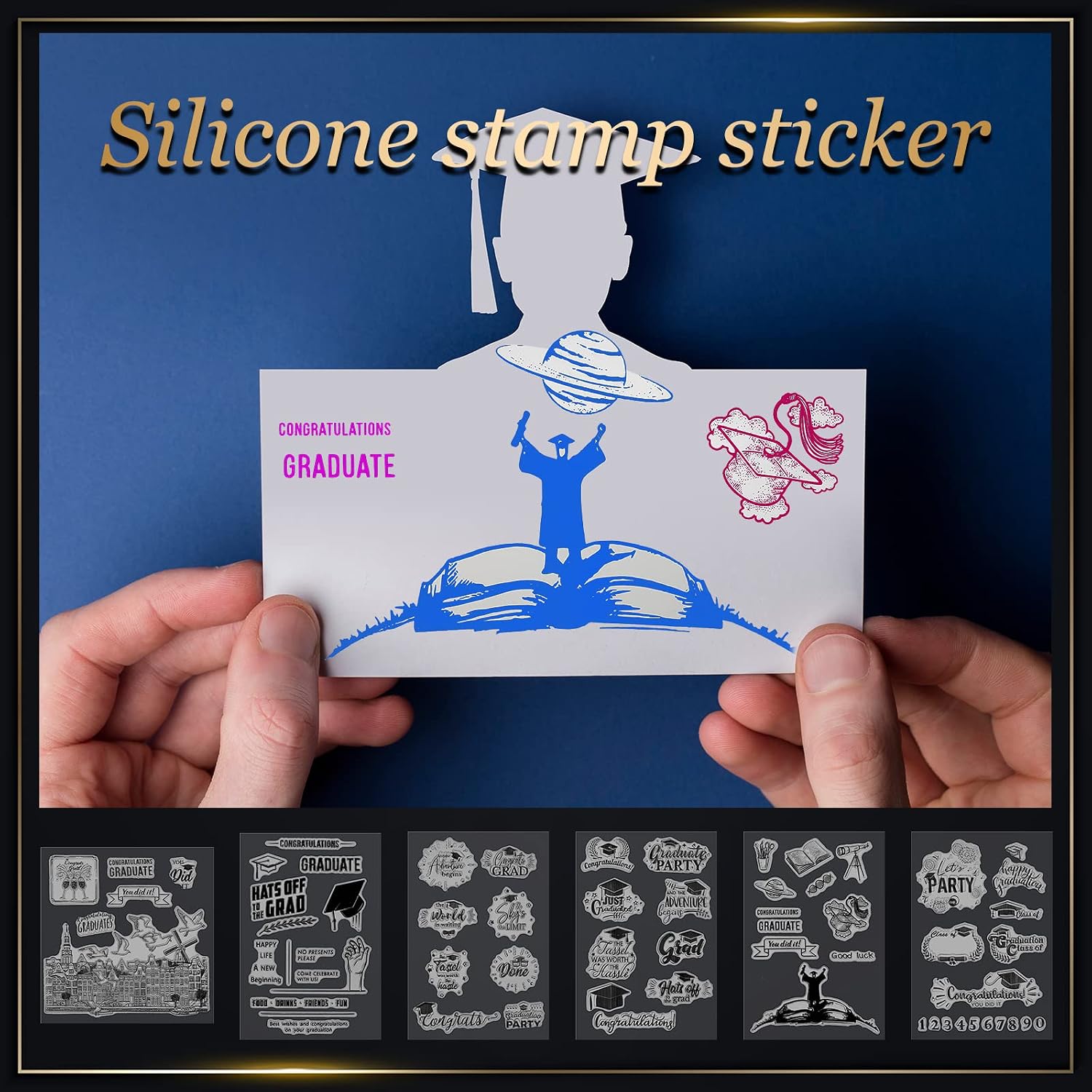 6 Sheets Graduation Silicone Clear Stamps Seal Set Acrylic Stamp Blocks Tools with Grid Lines DIY Scrapbooking Crafts Making Simply Rubber Stamps for Cards Congratulations Graduate