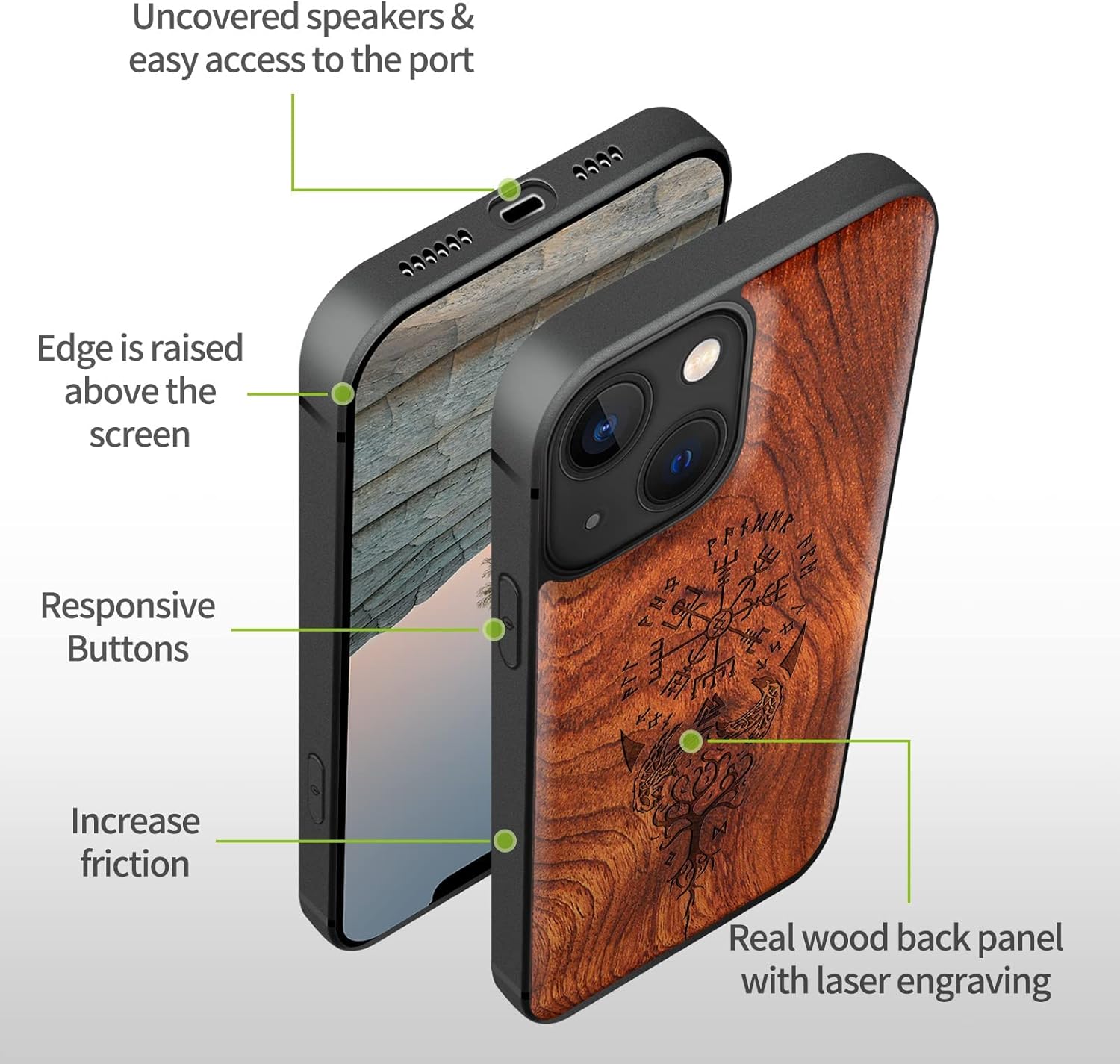 Carveit Magnetic Wood Case for iPhone 13 Case [Hard Real Wood & Soft TPU] Unique & Classy Wooden Shockproof Hybrid Protective Cover Compatible with MagSafe (Viking Compass Vegvisir-Rosy)