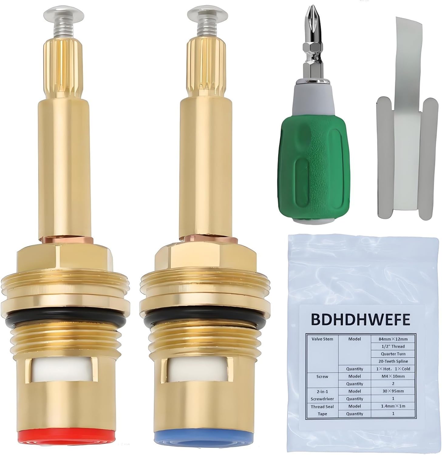2 Pack 20 Teeth Spline Brass Faucet Cartridges Hot and Cold, 84x12mm（3 5/16"×1/2"） 1/2 Inch Thread Quarter Turn Valve Stems, Leak-Proof Replacement for Bathroom Kitchen Sink Faucet Repair