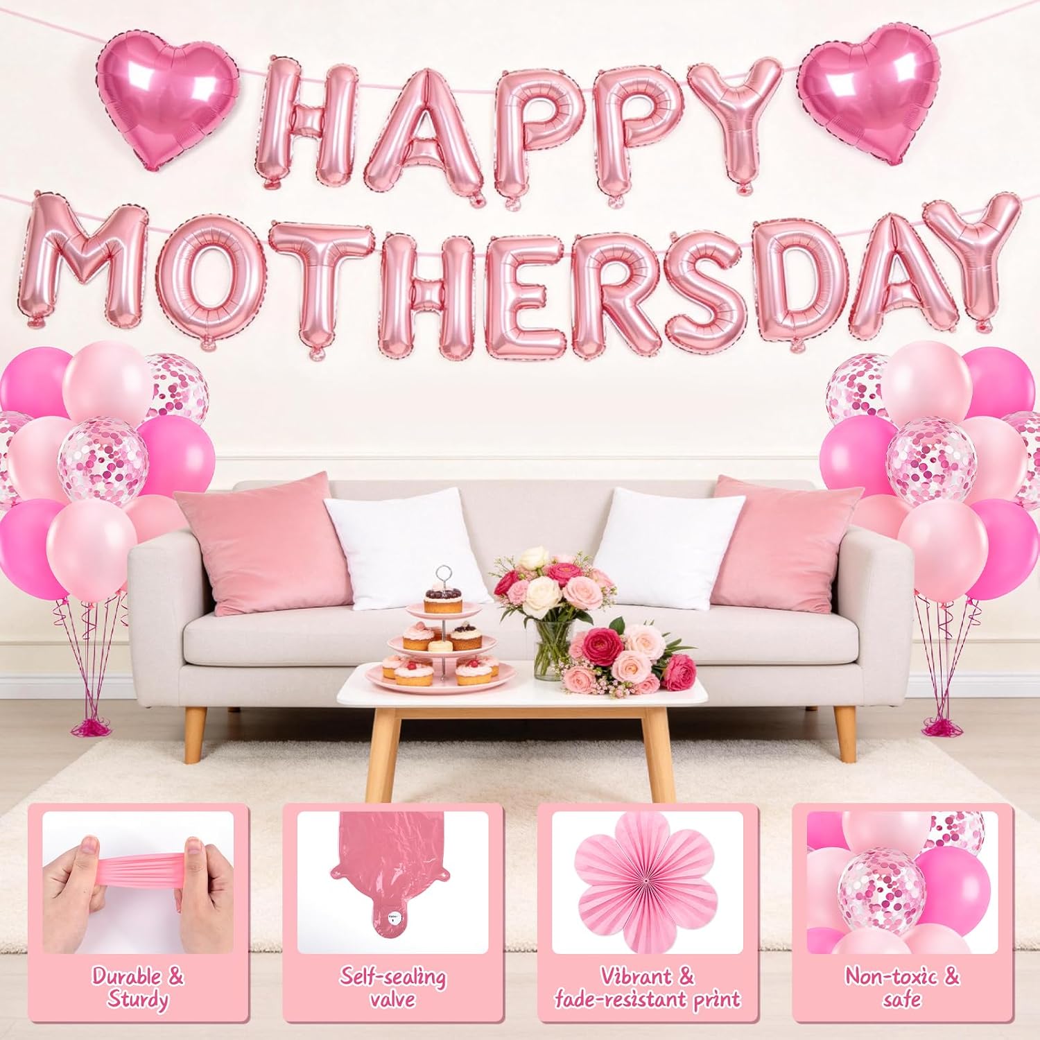 Happy Mother's Day Balloons Set, Pink Mothers Day Decorations Banner with Letter Balloon, Mother's Day Party Backdrop Paper Fans for Women image 3