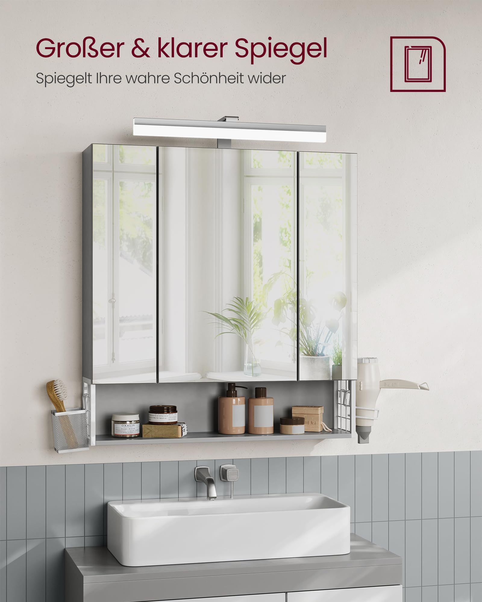 VASAGLE Spiegelschrank Bad mit Beleuchtung, Stecker, Hängekorb, Haartrockner-Halter, Badezimmerschrank, Badschrank, Wandschrank, 70 x 16,5 x 75 cm, 3 Spiegeltüren, wolkenweiß-Taubengrau BBK126G01