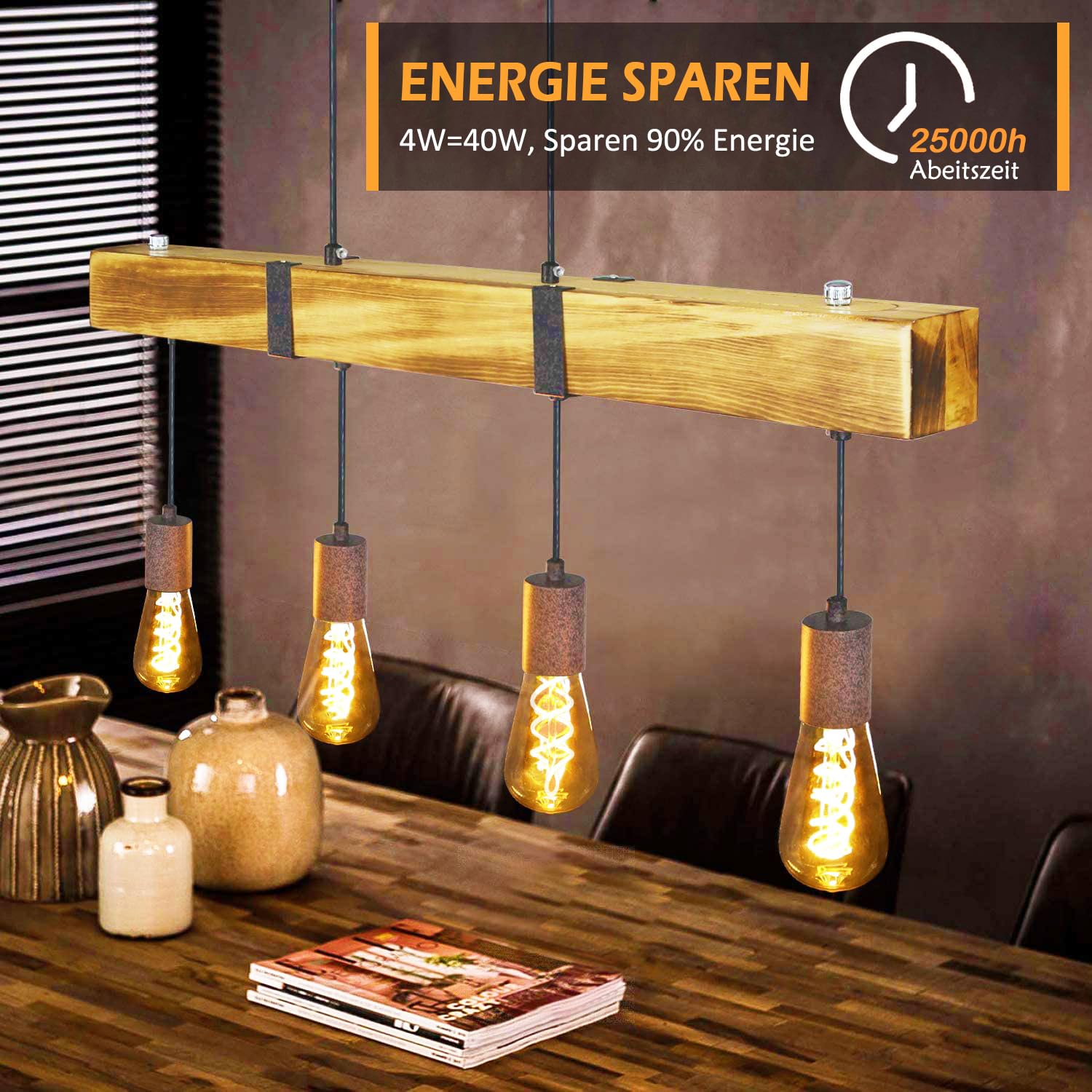 Edison LED Vintage Glühbirne, Dimmbar Glühbirne E27 4W LED Warmweiss, Vintage Edison Dimmbar lampe E27 Ideal für Nostalgie und Retro Beleuchtung - Bernstein - 6 Stück（ST64 HPS）