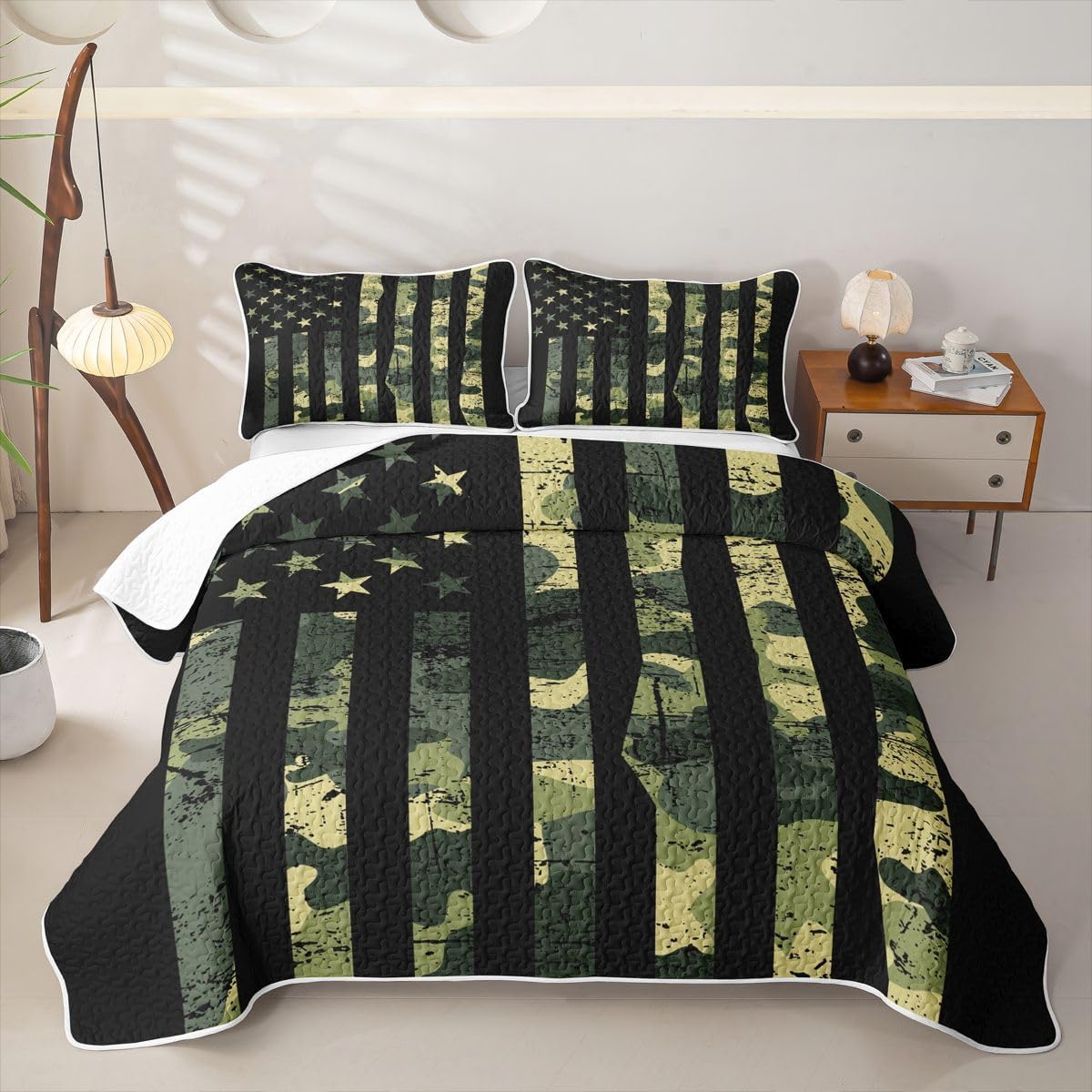 Erosebridal American Flag Camouflage Quilt Full Size Rustic Branches Tree Camo Quilt Set Green Military Hunting Coverlet Boys Man Kids Nature Conifer Oak Leaves Quilted Bedspread with Pillowcases