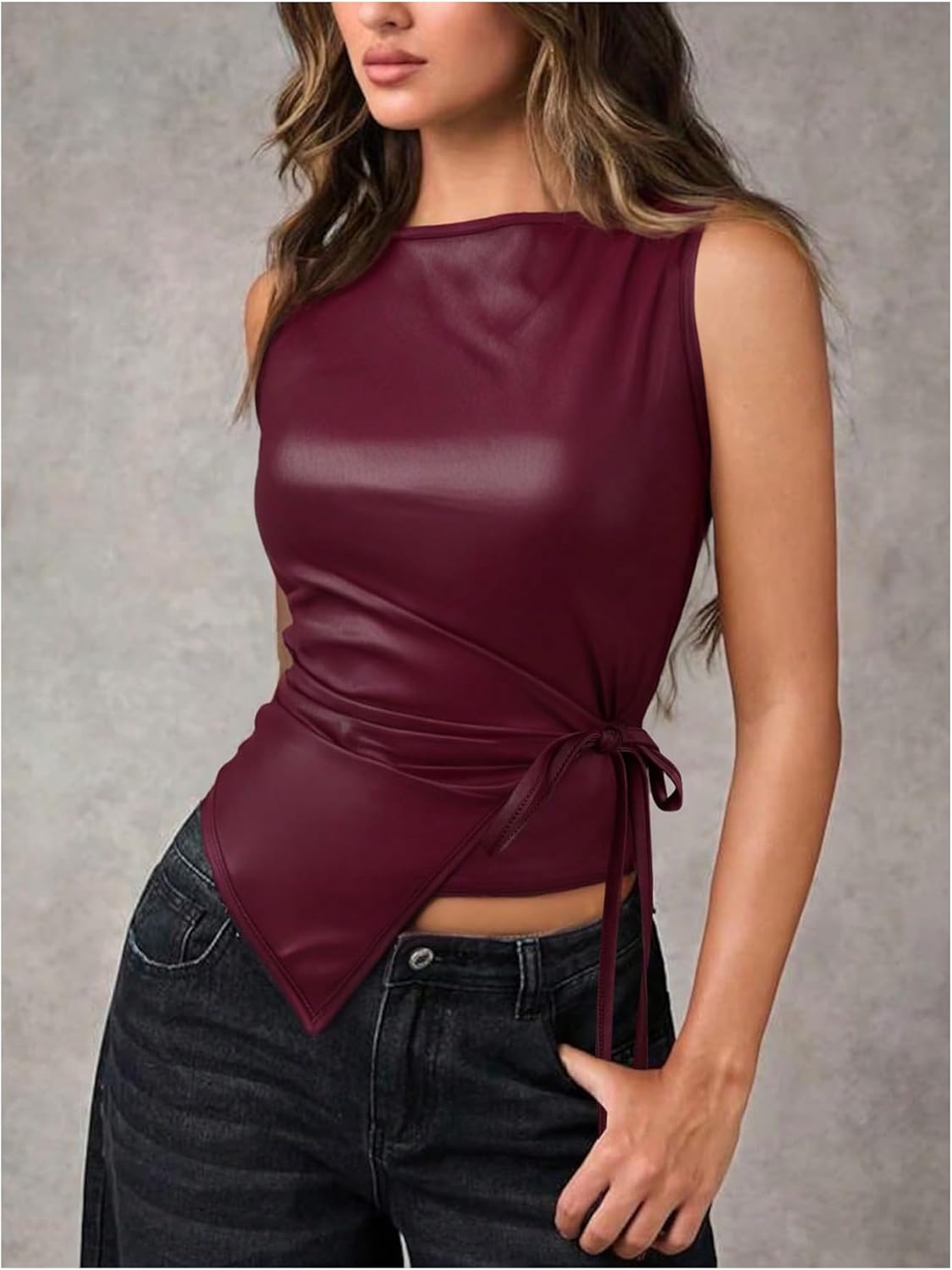 Milumia Women's Faux Pu Leather Crop Tank Top Boat Neck Ruched Asymmetrical Party Club Tops - Image 5