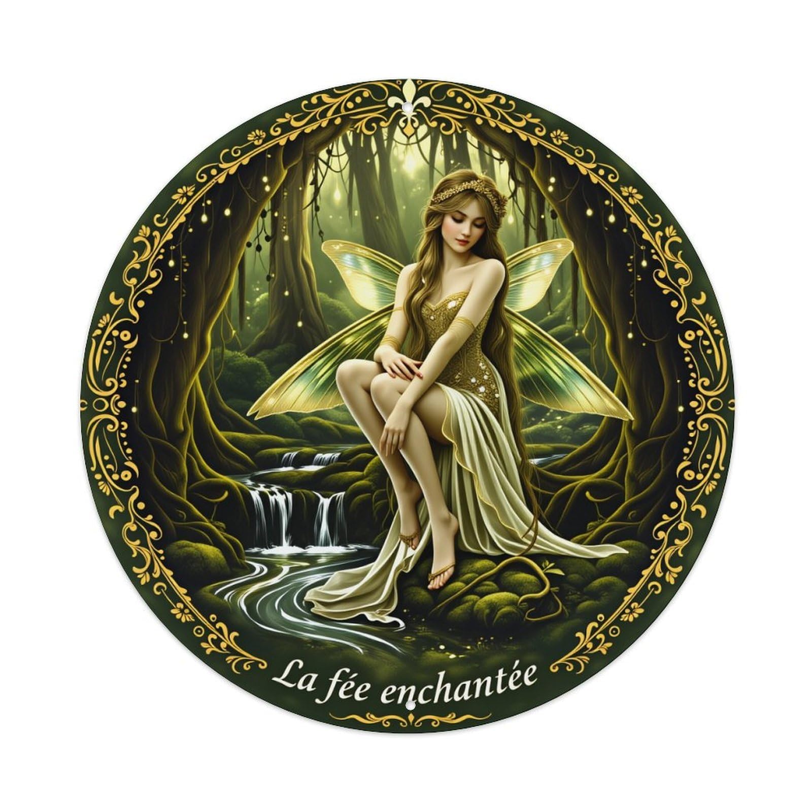 Fairy Forest Stream Wings Gold Round Tin Sign Vintage Style Metal Sign Home Bar Garden Wall Plaque Decor Metal Poster 8x8 Inch