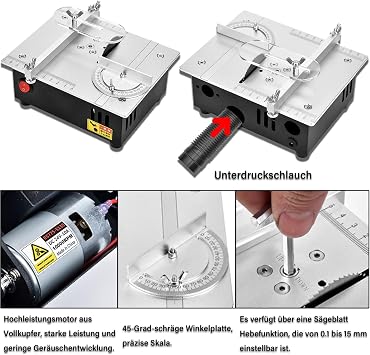 96 W Table Saw with 4 Blades 7-Speed Power Supply Mini Table Saw Portable Precision Cutting Machine 0.1-15 mm Adjustable Multifunctional Small Table Saw for Woodworking