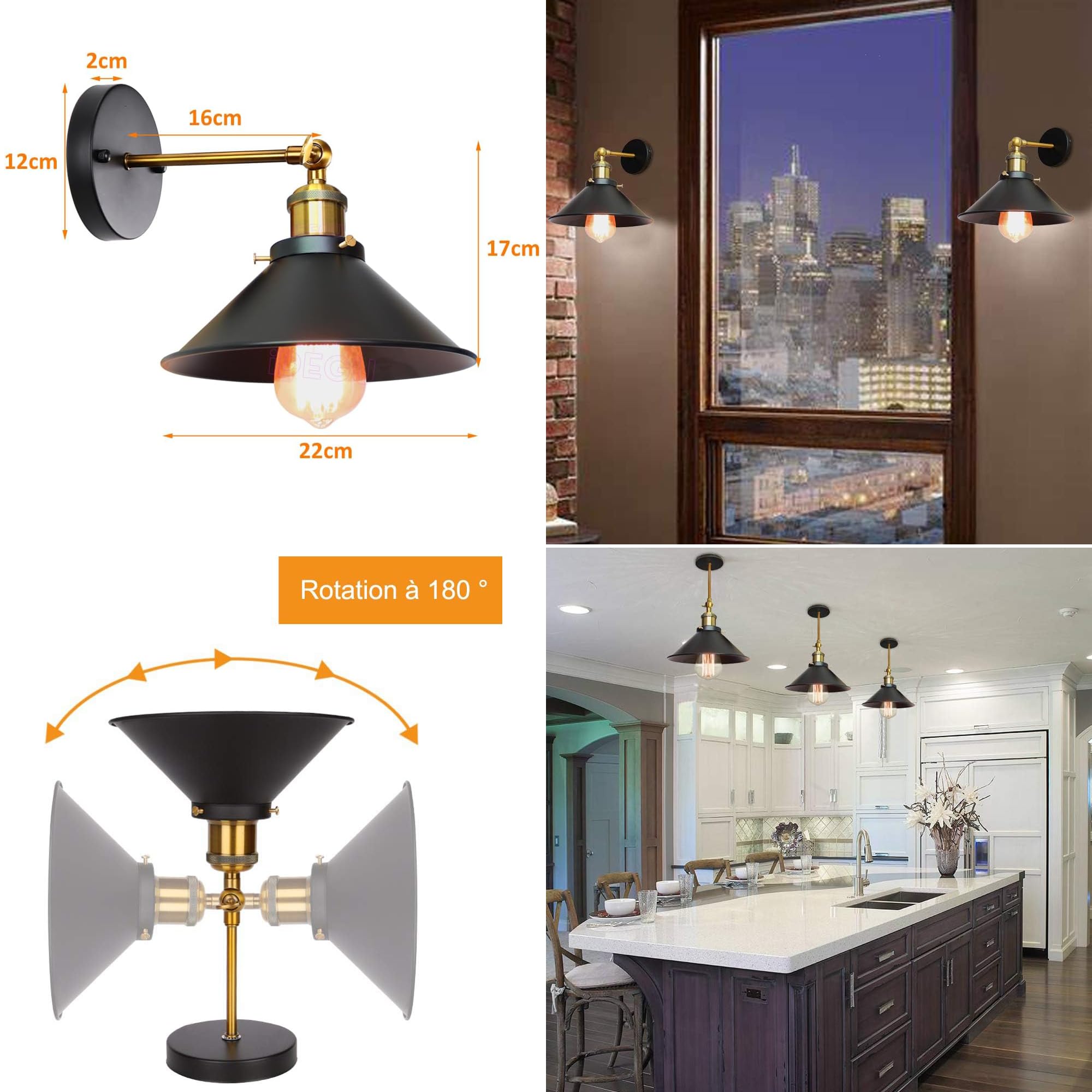 iDEGU Lot de 2 Applique Murale Industrielle Lampe de Plafond de Style Edison Métal Plafonnier Rétro avec Rotation à 180 Degrés - 220mm, Noir (sans ampoules)