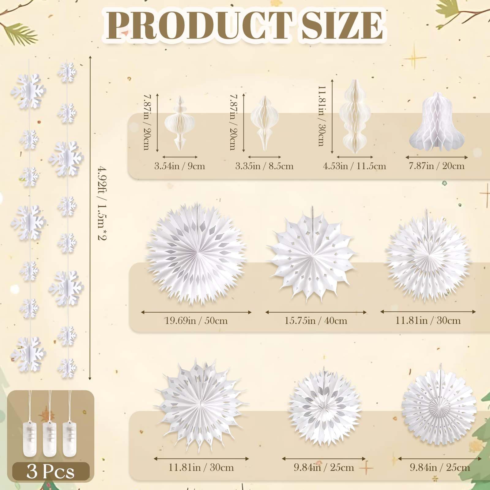Ensemble de décorations de Noël blanches à suspendre en papier 3D en nid d'abeille, lanternes décoratives en nid d'abeille avec lumières, guirlandes d'éventails en papier pour sapin de Noël