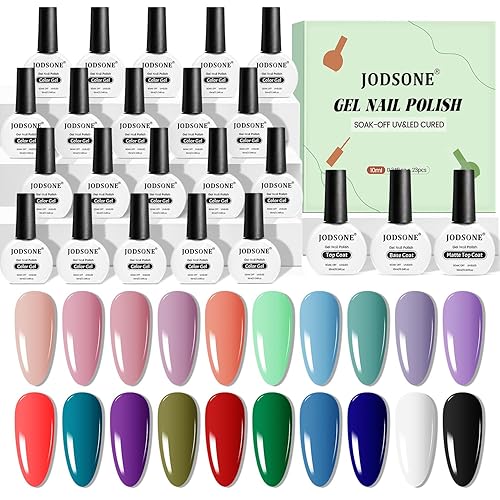 JODSONE Esmalte de uñas de gel de 20 colores, azul y rojo, capa base a juego, capa superior brillante y mate, 23 botellas de 0.3 fl oz (0.3 fl oz),