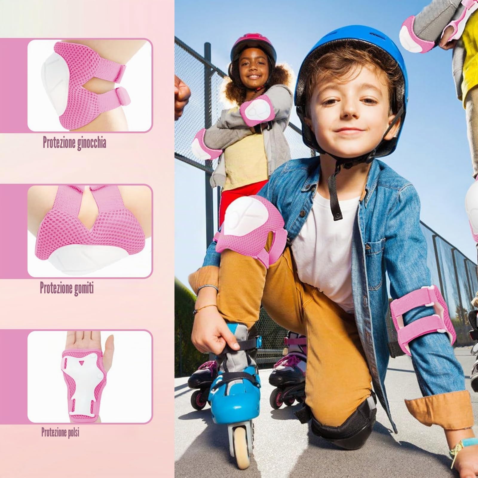 Ginocchiere per bambini, 6 in 1 per skateboard, pattini in linea, hoverboard, bicicletta