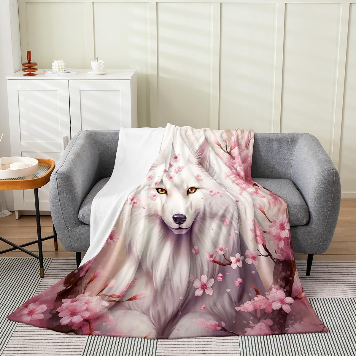 jejeloiu White Fox Fuzzy Queen 90"x90" Kids Cherry Blossoms Flannel Fleece Throw Blanket Cute Cartoon Animal Botanical All Season Bed Blanket for Sofa Couch Woodland Fox Pink Plush