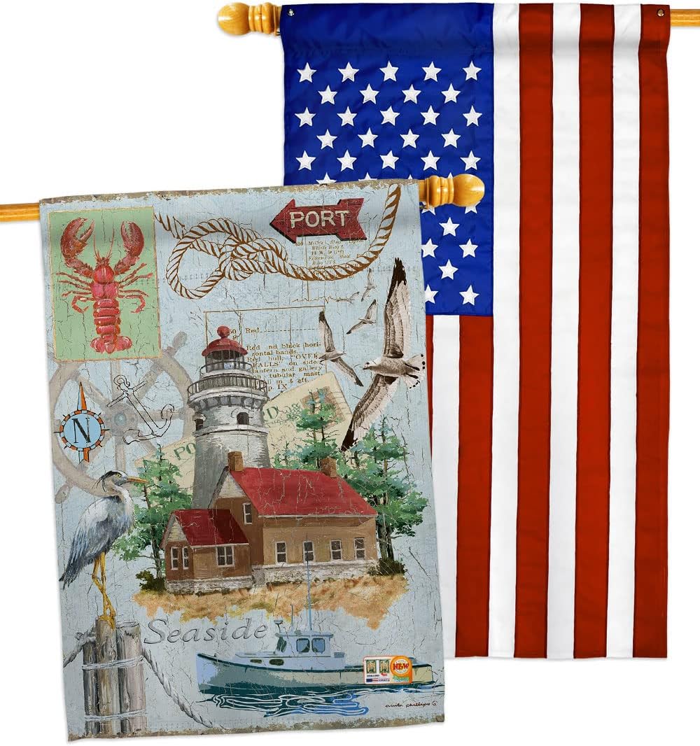 Seaside Lighthouse House Flags 2 pcs Pack Coastal Nautical Anchor Sailor Sea Shells Outdoor Summer Ocean Small Decorative Gift Yard Banner Double-Sided Made In USA 28 X 40