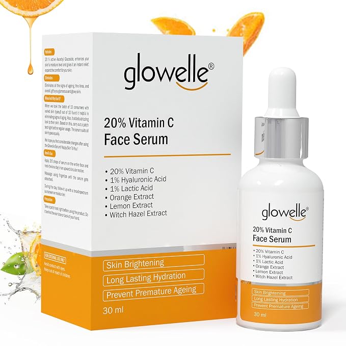 Glowelle 20% Vitamin C Face Serum for Skin Brightening | Reduces Dark Spots, Dull Skin & Uneven Tone | Boosts Collagen Production | 30ml