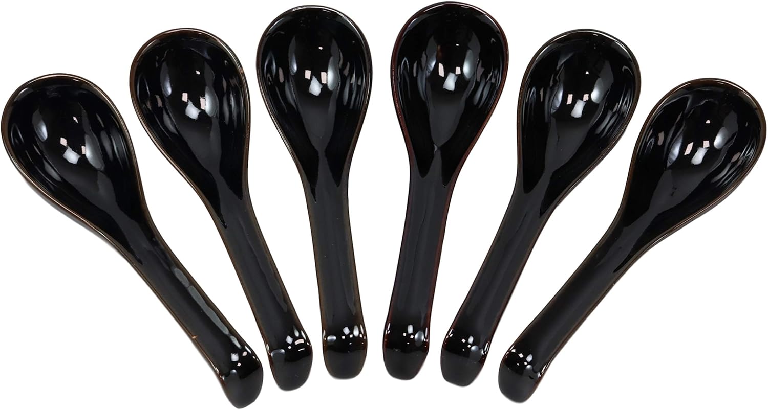 Ebros Japanese Contemporary Colorful Glossy Porcelain Soup Spoons With Ladle Hook Pack Of 6 Set Eating Spoon For Asian Kitchen Dining Dessert Soups Restaurant Supply Dishwasher Safe (Black)
