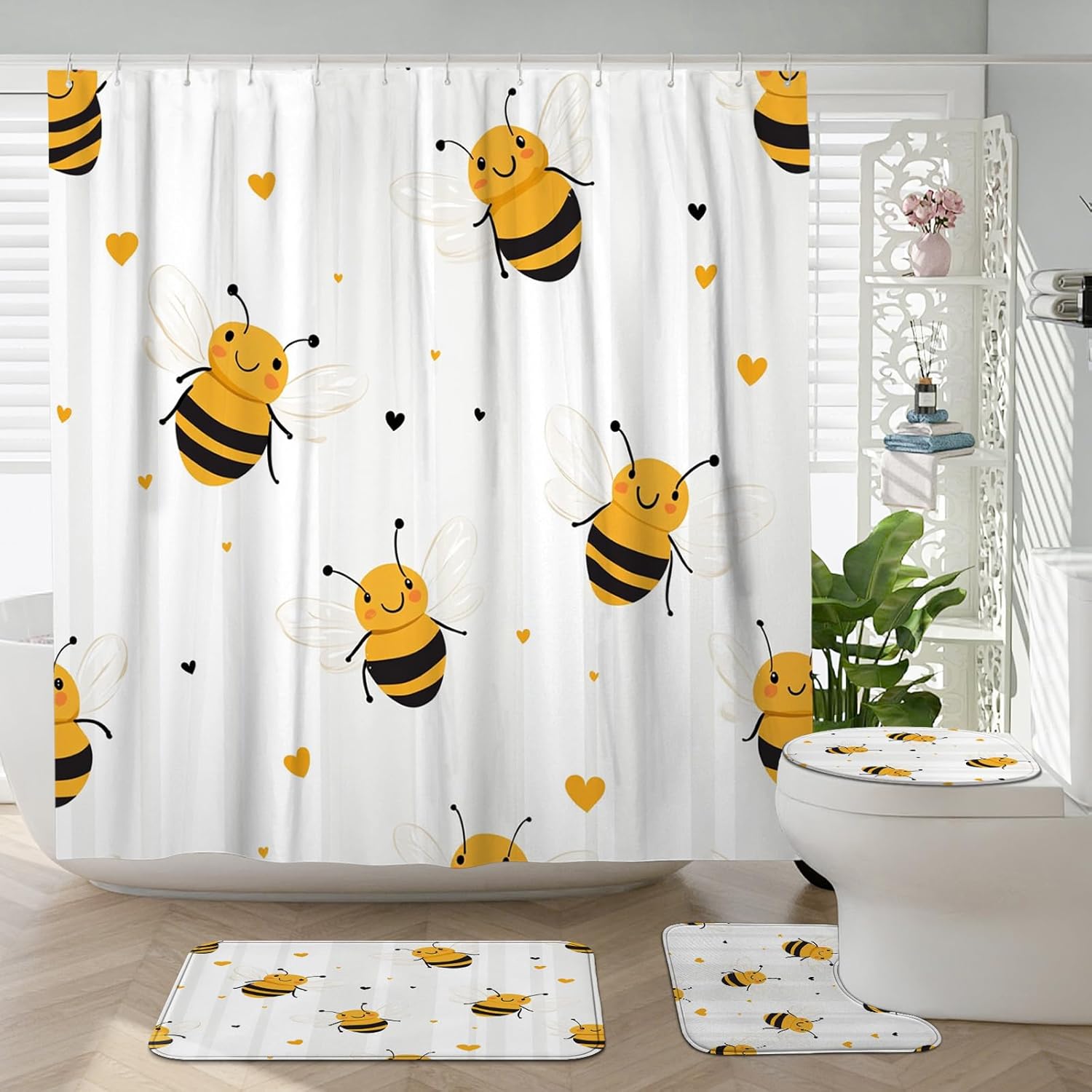 4PCS Fun Kids Bee Bathroom Sets, Bath Accessory with Non-Slip Rug, U Shape and Toilet Lid Cover Mat, Cute Cartoon Insect Bathroom Decor-72''x72''