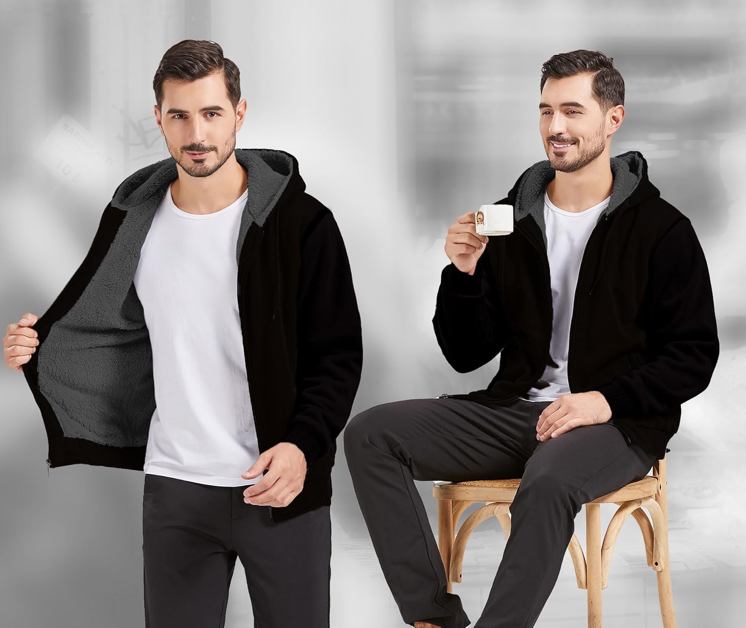 V VALANCH Men Hoodies Zip Up Sherpa Lined Sweatshirts Heavyweight Thick Warm Fleece Winter Jacket - Image 2