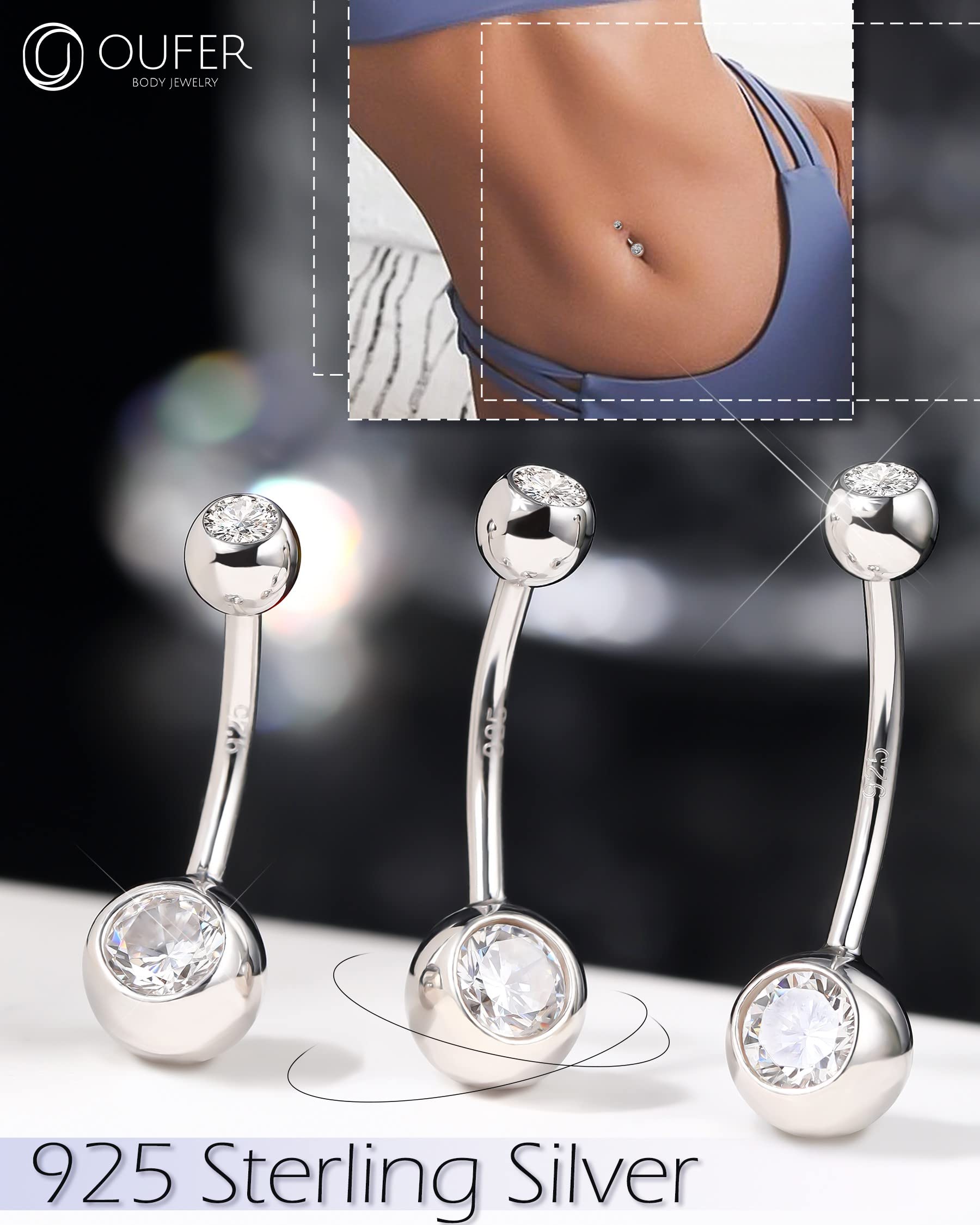 OUFER 14G Bauchnabelpiercing Lang Echt Silber 925 10/12/14/16 mm Stablänge Piercing Bauchnabel CZ Kugeln Belly Button Piercing Navel Bars Nabelring Frau Mann Schmuck