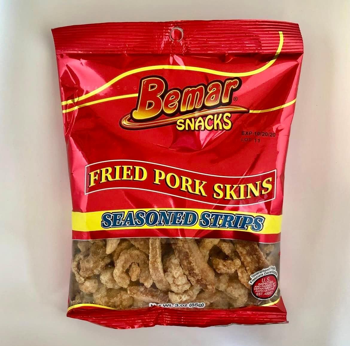 Bemar Snacks Fried Pork Skins Seasoned Strips 24 Bags 3oz per Bag