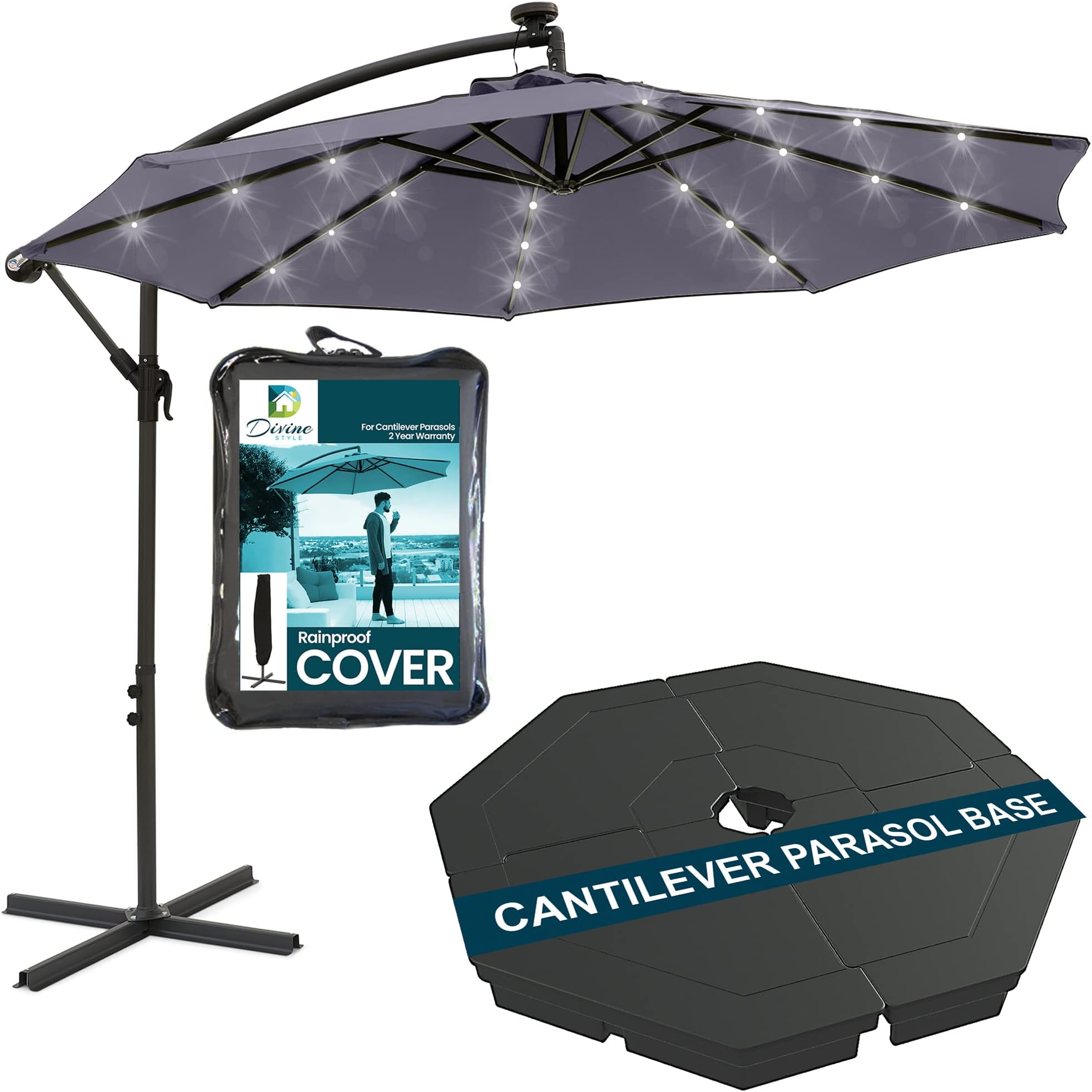Divine Style 3M Cantilever Parasol with Base Included, LED Lights and FREE Waterproof Cover for Outdoor Patio