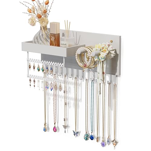 Lolalet Wall Mounted Hanging Jewelry Organizer, 15 Hooks Wooden Necklaces Holder with Storage Shelf, Easy Install Earrings Bracelets Hanger -White - White