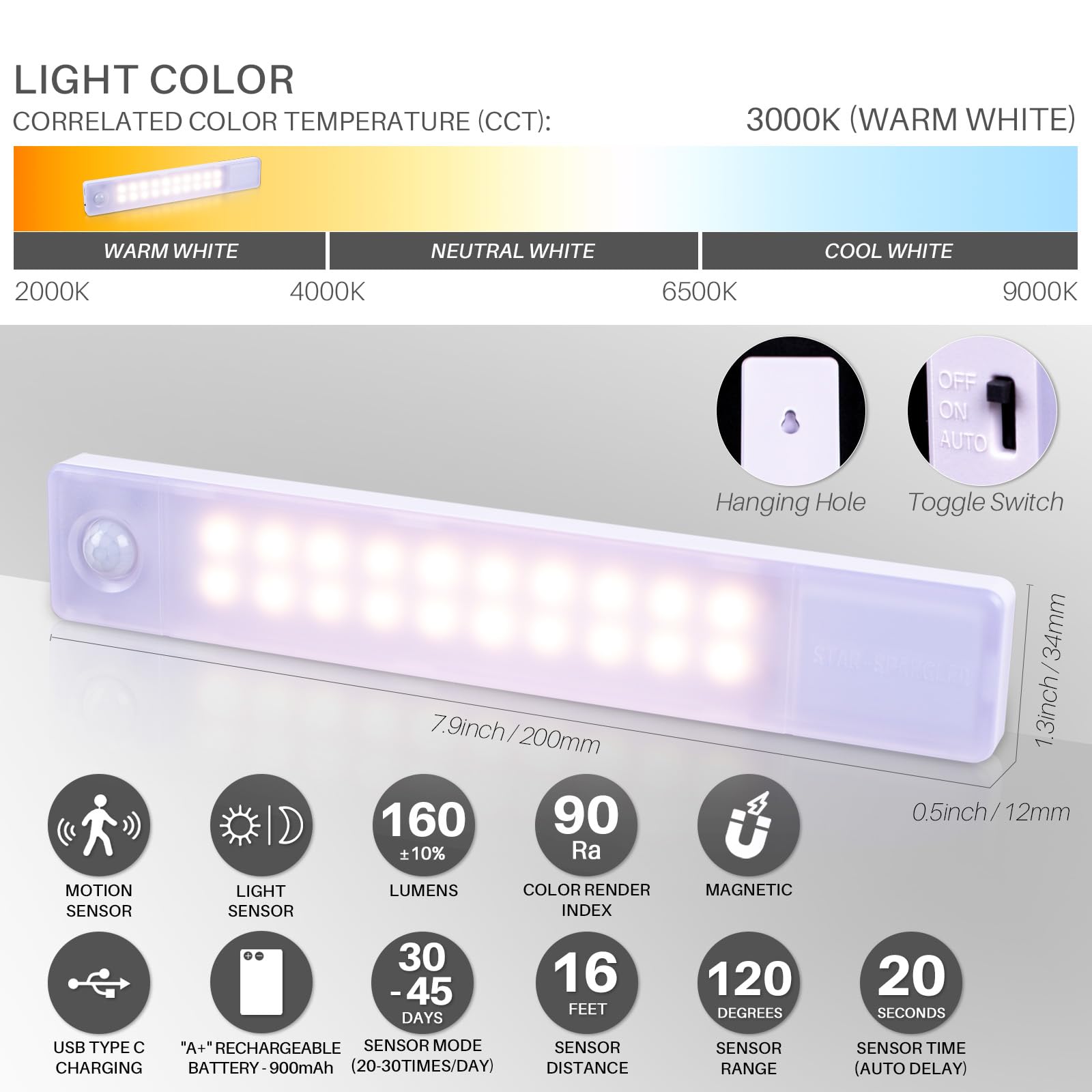Snapklik.com : Under Cabinet Lighting Rechargeable, 8 Inch Motion