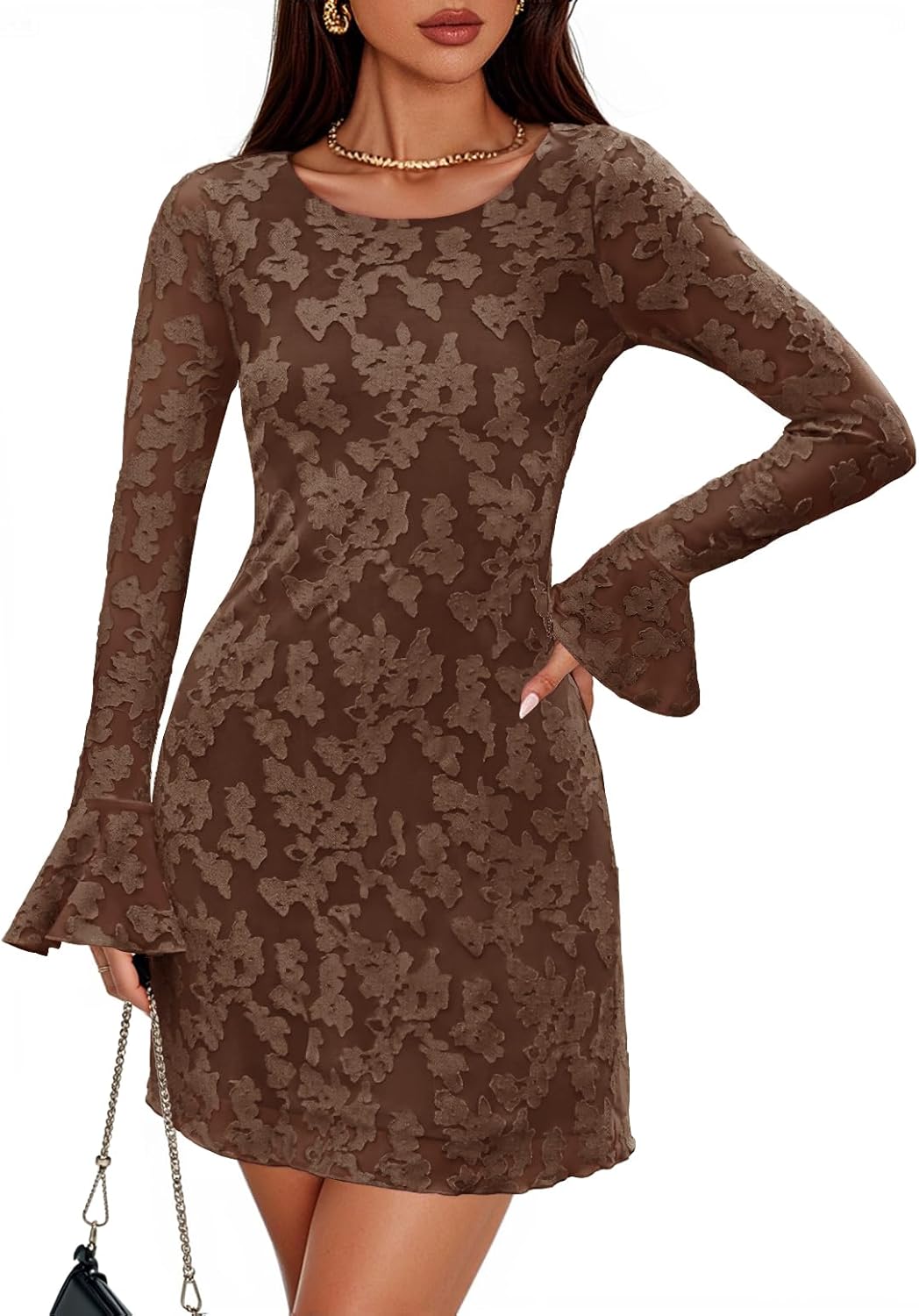 ZESICA Long Sleeve Mini Dresses for Women Spring Mesh Floral Crewneck Bodycon Wedding Guests Cocktail Party Short Dress