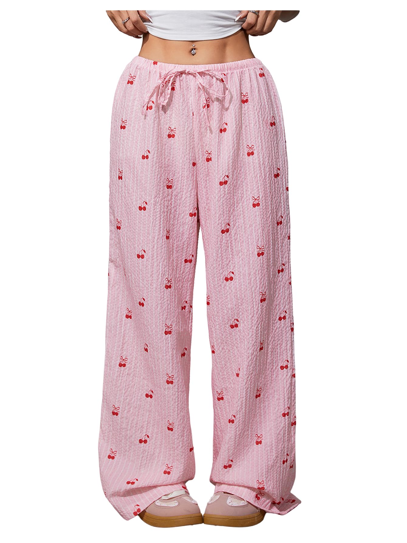 Womens Cherry Wide Leg Pants Striped Knot Front High Waisted Trousers Casual Baggy Palazzo Pants