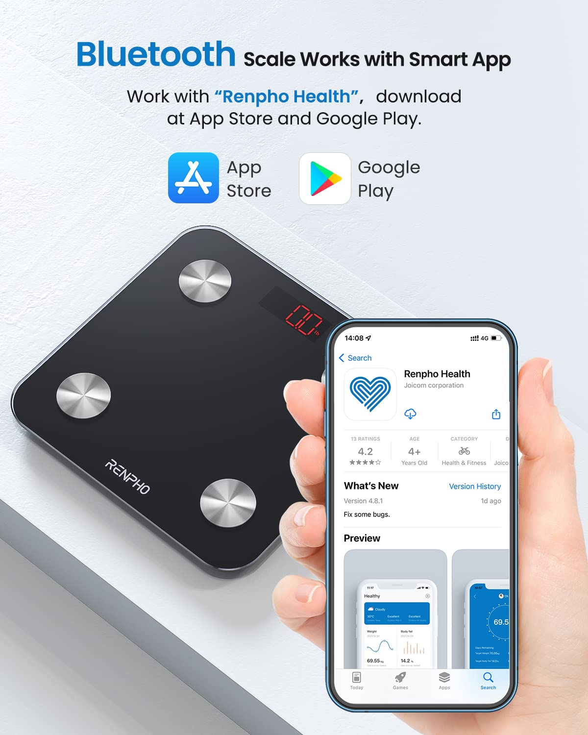 RENPHO Smart Bathroom Scale, Digital Weighing Scales with Body Fat and Water Weight, Bluetooth Body Fat Measurement Device for Smart App, Body Key Composition Analyzer, 396lbs : Health & Household