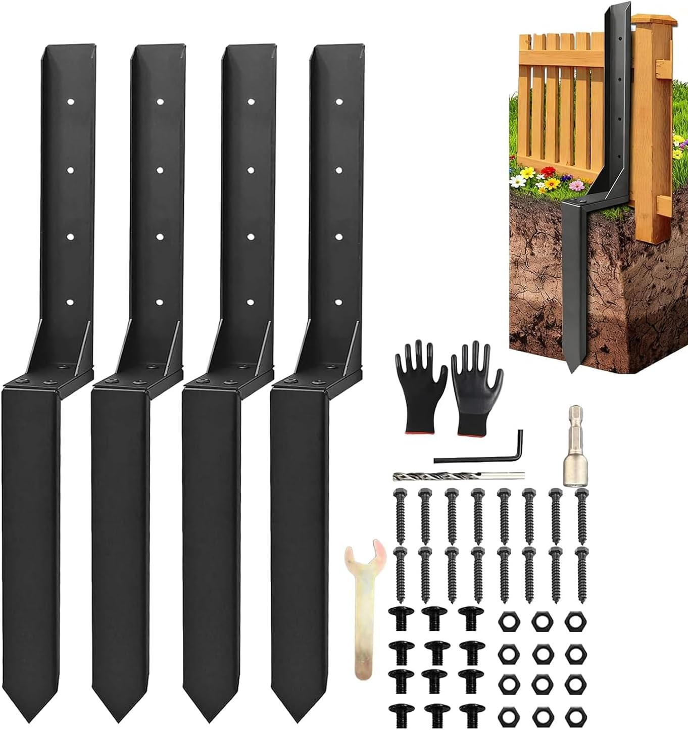 2Pcs Fence Post Repair Kit, Heavy Duty Galvanized Thickened Steel Anchor Bracket - Weather-Resistant Ground Stakes for Broken Leaning 4x4/6x6 Wooden Posts Deck Mailbox Garden (2 Pack/Black)