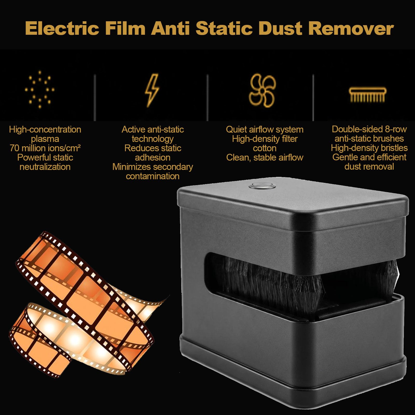 Removedor de polvo de película eléctrica, cepillo de limpieza antiestático, doble cara, bajo ruido, perfecto para negativos de 4 x 5, película deslizante y imágenes en movimiento