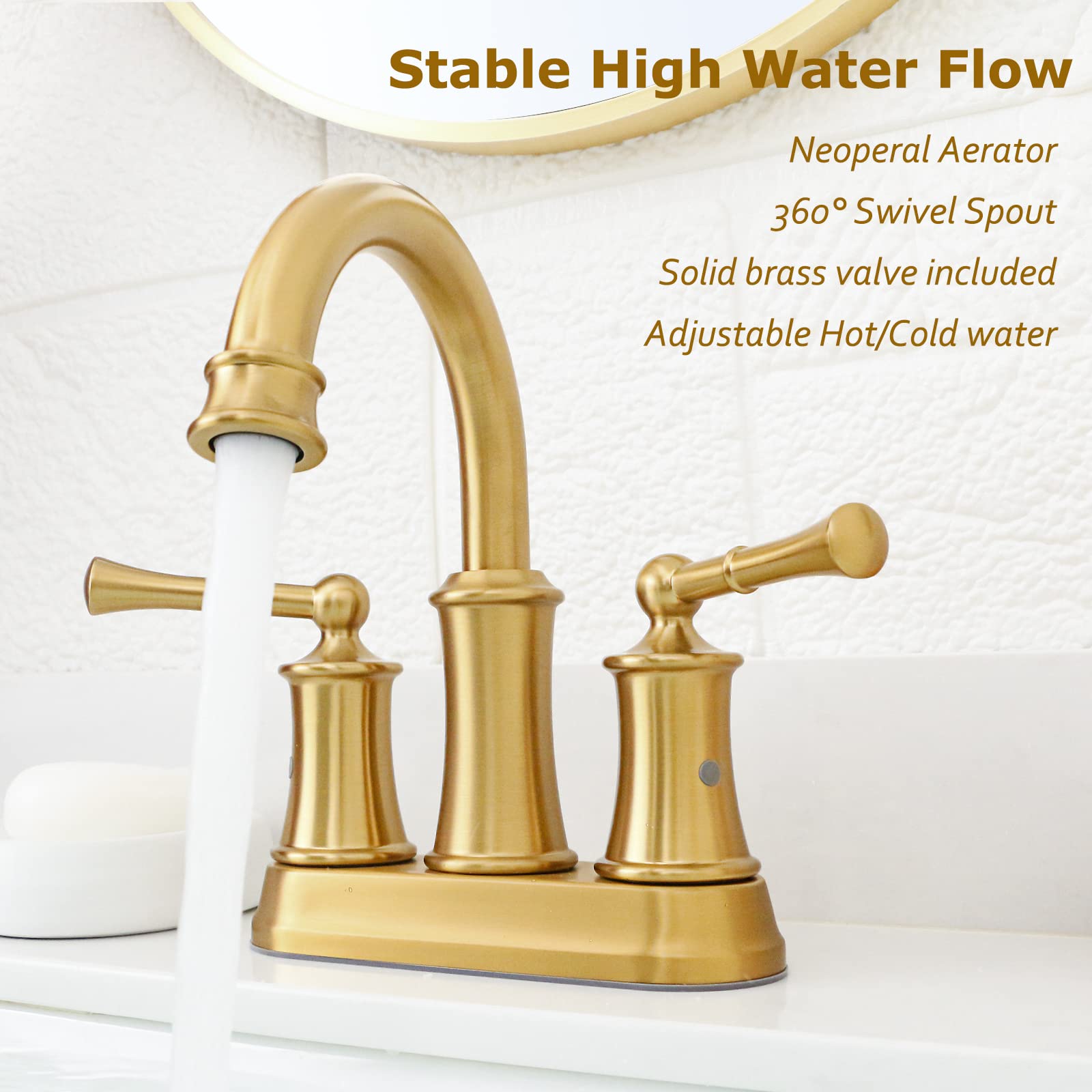 Senhozi Brushed Gold Antique Bathroom Faucet 3-Hole With Cross Handles & Pop-Up Drain - 304 Stainless Steel