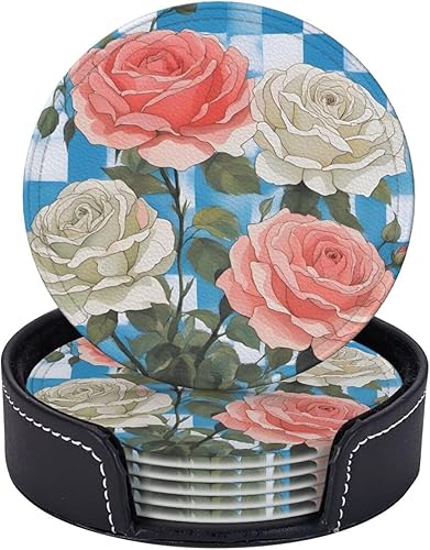Miniatura 5 de Plaid Background Roses Fashionable Printed Leather Coaster Set,A Set of 6 Pieces,4 Inches in Diameter,Adding an Artistic Atmosphere to Your Desktop