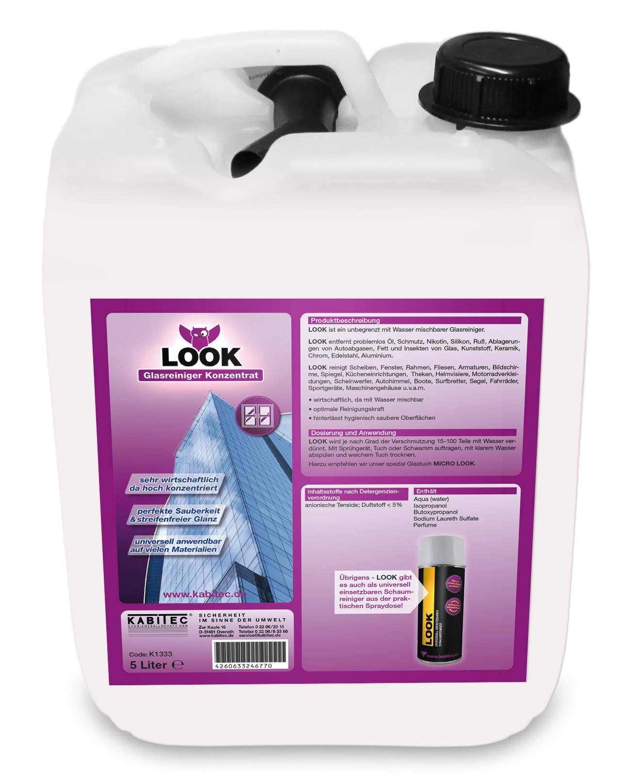 LOOK Glasreiniger-Konzentrat, streifenfrei brillanter Glanz, Fensterreiniger, Universalreiniger, Oberflächenreiniger │ 5 Liter Kanister