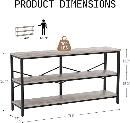 Miniatura 2 de Vida Vistoso Mesa consola industrial de 71 pulgadas detrás del sofá, mesa de sofá extra larga con estantes de almacenamiento de madera de 3 niveles,