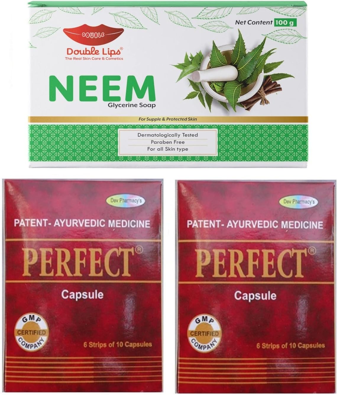 Double Lips PERFECT Healtj Capsules Patent Ayurvedic medicine (2 Pack) and Neem Glycerine soap for All Skin Type