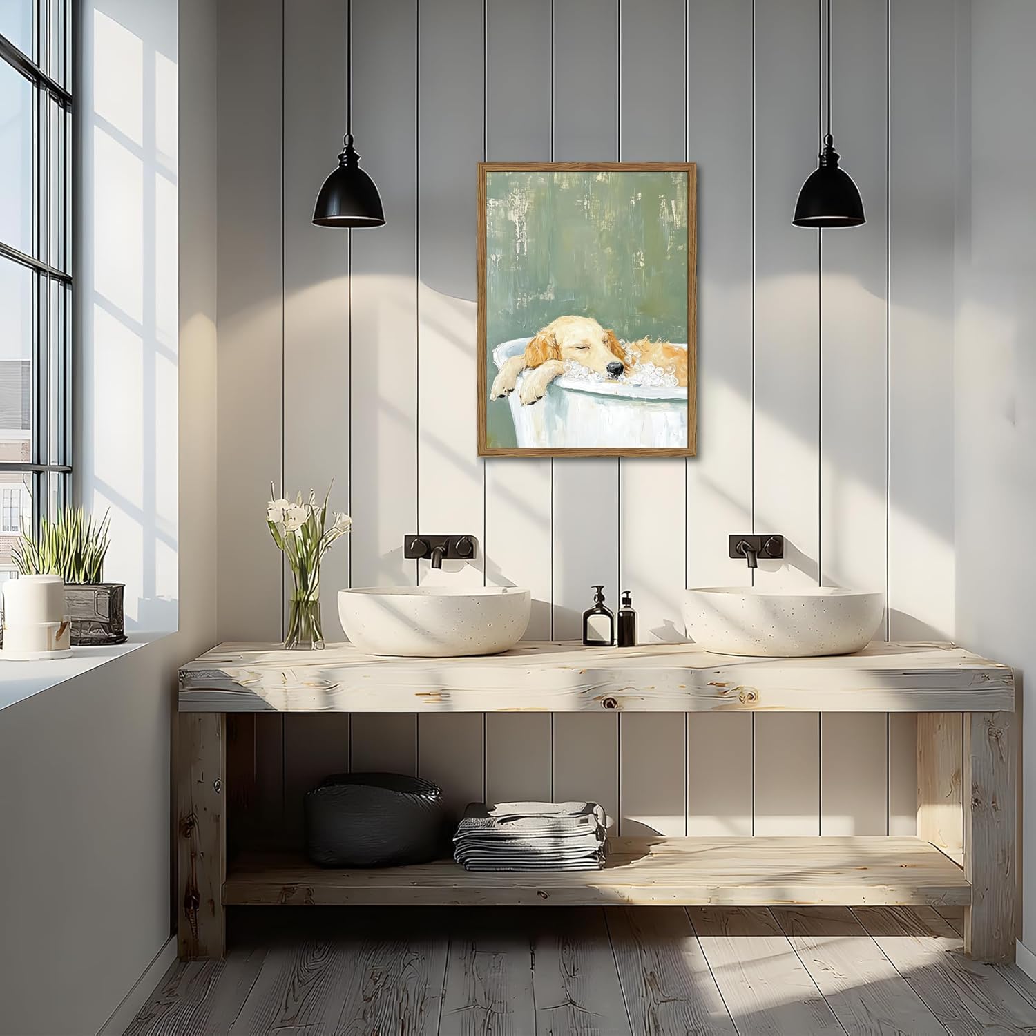 Funny Dog Bathroom Wall Art Whimsical Golden Retriever in Bathtub Painting Wall Decor Cute Animal Bathroom Poster Canvas Prints Pictures 24x16 inch Wood Framed